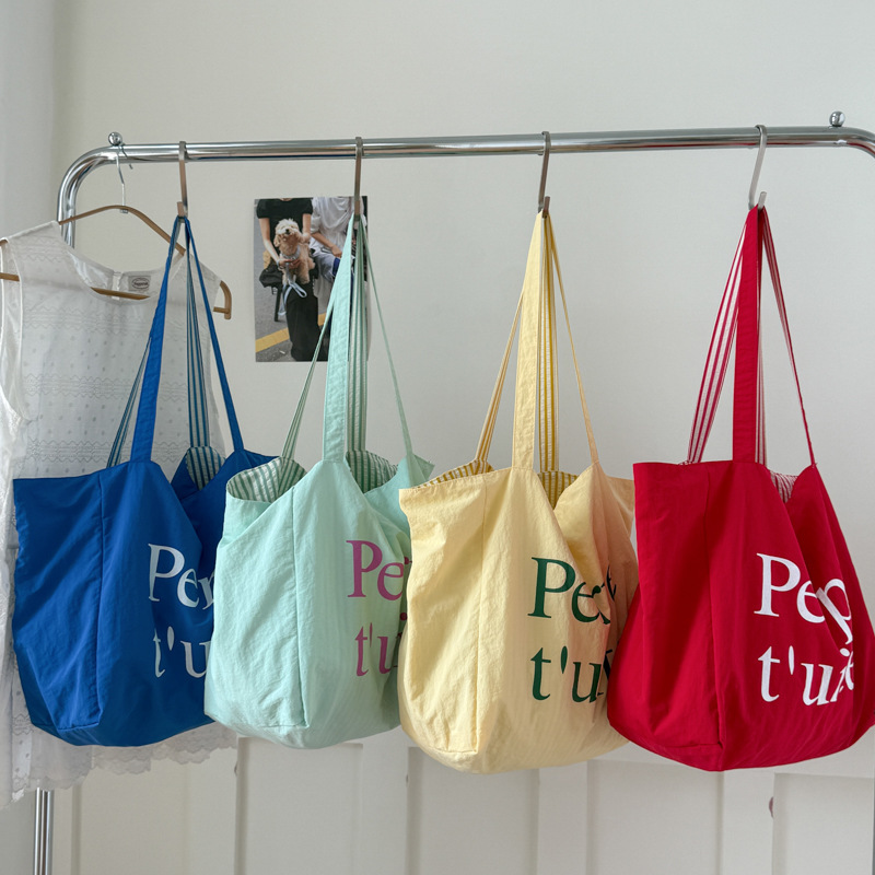 Korean Style Casual Nylon Tote Bag Ins Fashion Letter Print Handbag Popular Stripesd Double-Sided Shoulder Bag for Women