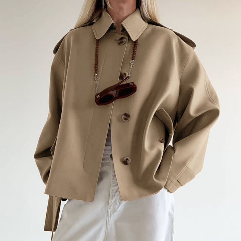 2025 Cross-Border European and American Frosted Velvet Windbreaker Autumn and Winter New Pure Color Strap Jacket Design Sense, Elegant and Casual Fashion