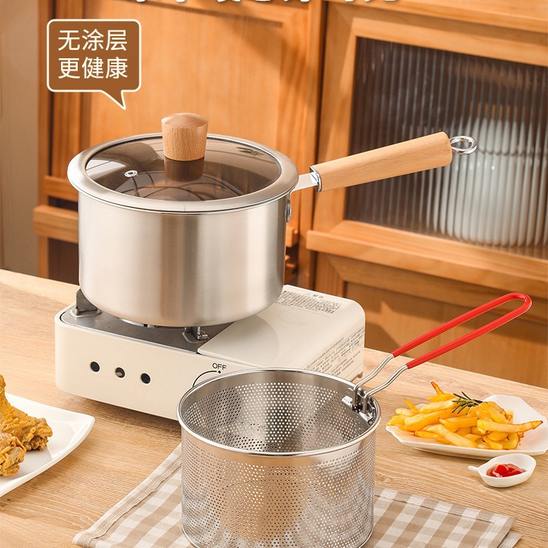 Freidora de acero inoxidable sin recubrimiento cocina doméstica con cubierta con canasta de freidora pequeña olla de leche para bebés comidas suplementarias