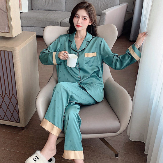 Ice Silk Pajamas Women's Spring and Autumn Thin Long Sleeve Pants Two-piece Suit New Summer Home Clothes 1087
