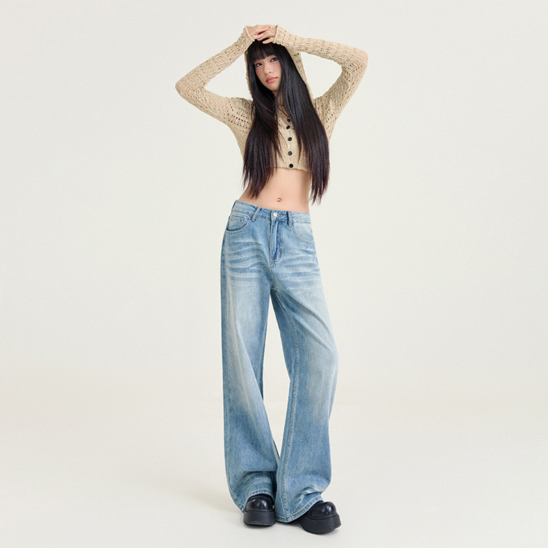 Orange Silk Women's Wear# American Style Water Washed Blue Wide Leg Jeans 2025 Spring Loose Slimming Straight Tube Vertical Pants