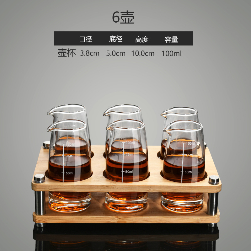 Taza de vino conjunto de taza de bala, taza de vino, taza de vino, taza de vino pequeña, taza de bambú, rack de madera, dispensador de vino, jarro de vino de vidrio