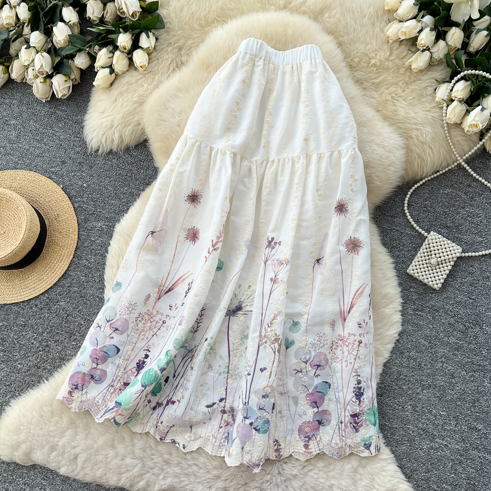 Women's French Sweet Style Floral Print Patchwork A-Line Midi Skirt High Waist Slimming mid Length Summer Fairy like Cake Skirt_ecoleips.com