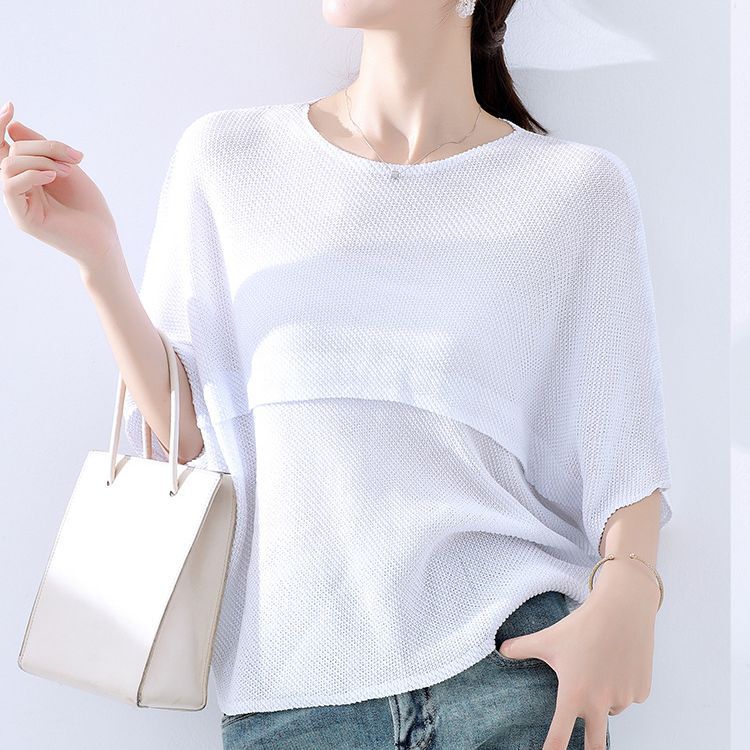 Summer New Round Neck Short-sleeved Women's Loose Lazy Style Batwing Shirt T-shirt Thin Pleated Mid-sleeved Top Large Size