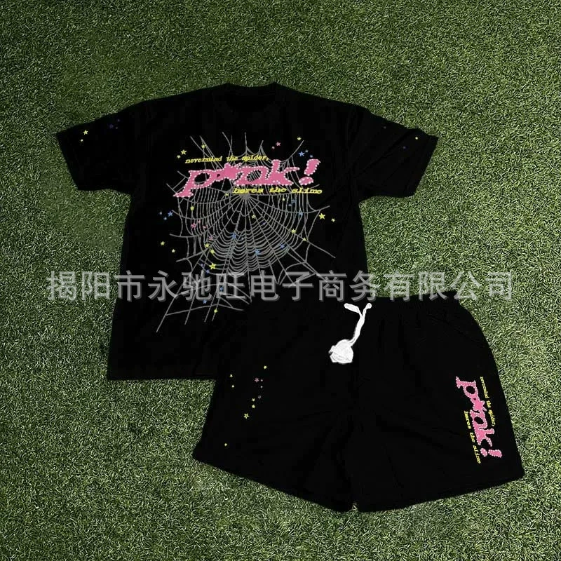 Американская High Street 2024 Летний новый паутинный мультяшный узор с принтом, повседневный круглый вырез с короткими рукавами, мужская и женская одежда