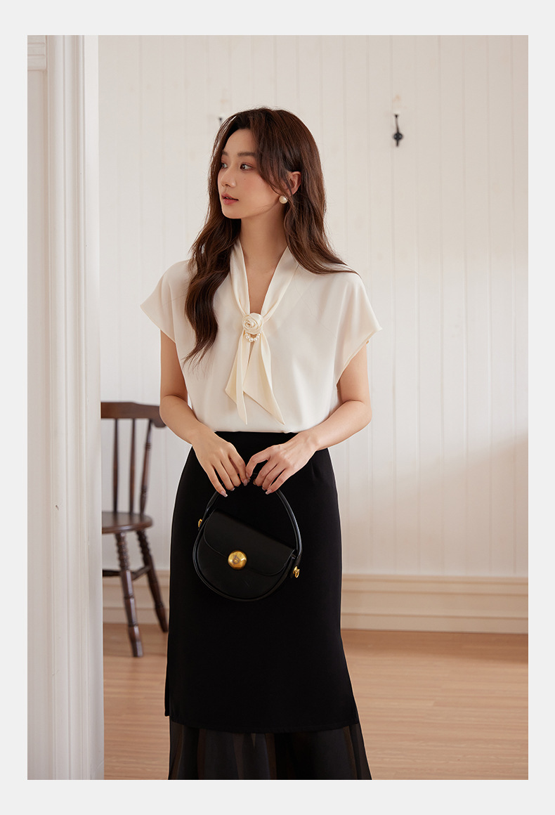 起范 法式V领飘带雪纺衬衫女短袖2024夏季新品气质优雅上衣82568 pic 13