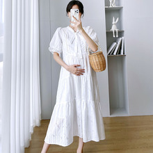 孕妇裙2023夏季新款宽松中长款白色裙子系带蝴蝶结孕妇连衣裙