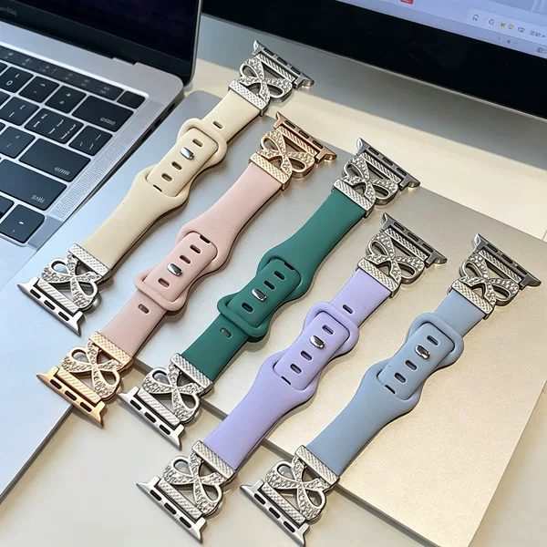 Cross-Border New Creative Design Apple Slim Waist Bow Crown Spliced Silicone Watch Strap Suitable for Iwatch10 Silicone
