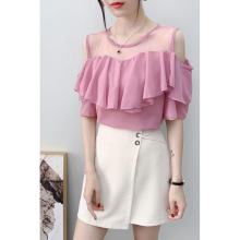 洋气宽松遮肚荷叶边露肩蕾丝雪纺衫夏季超仙短袖褶皱甜美上衣女