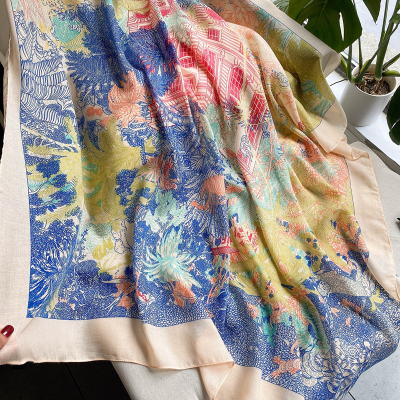 Japonés romántico planta flor impresión algodón y lino sensación de la mano bufanda cuadrada grande viaje artístico chal bufanda de seda 135*135cm