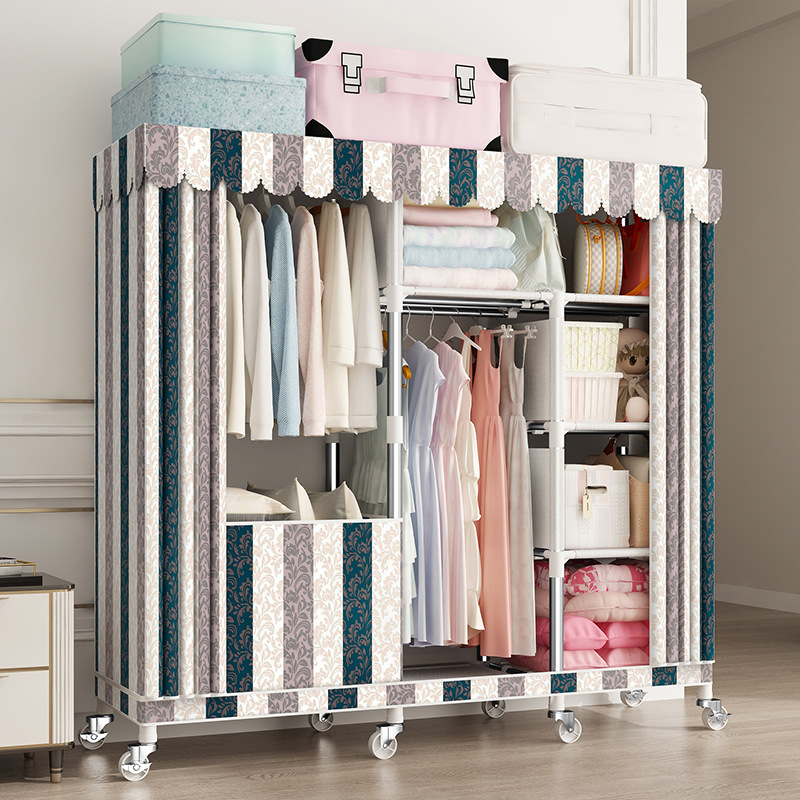 Cremallera completamente cerrado armario de tela simple tubo de acero reforzado en negrita espesado marco de acero completo gabinete de tela de almacenamiento en casa con ruedas