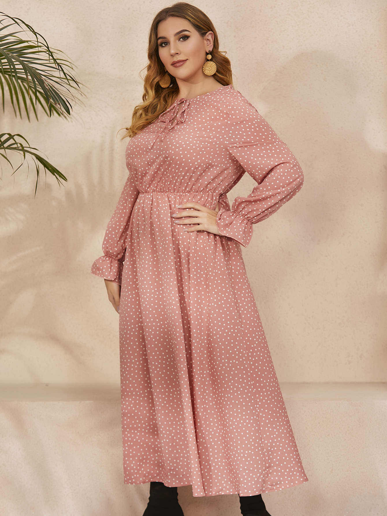 Plus Size Polka-Dot Loose-Fitting Long Sleeve Dress for Women - Ootddress