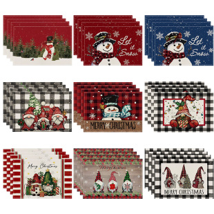 Christmas Snowman Linen Placemat Snowflake Plaid Printed Table Mat Christmas Party Decoration Heat Insulation Mat Holiday Decoration