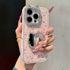 可爱闪钻滴胶猫耳适用苹果16promax手机壳iPhone15镜面13防摔14硬