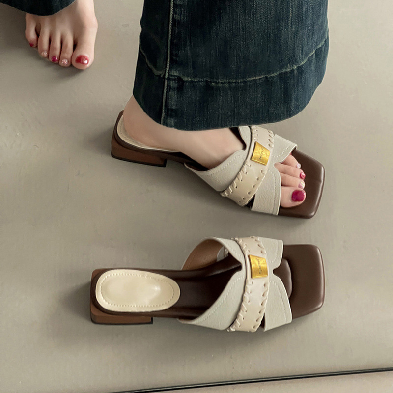 ファッショナブルなレトロなニッチなスクエアトゥの厚いヒールの女性用スリッパ、夏用スカートサンダル、ホリデーウェッジサンダル|undefined