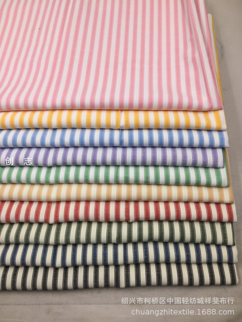 竖条纹竹节色织女装春夏衬衫泡泡袖插色布鞋材条子面料织布