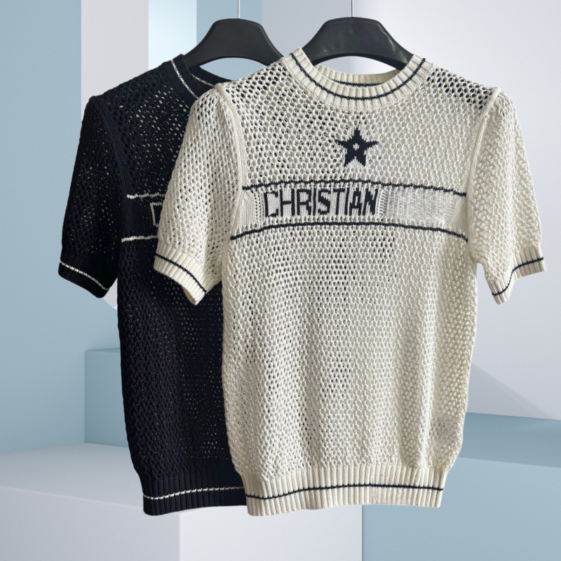 Shenzhen Nanyou High-End Version D Brand Hollow-Out Five-Pointed Star Letter Jacquard Round-Neck Pullover Short-Sleeve Knit Top for Women Shenzhen Nanyou High-End Version D Brand Hollow-Out Five-Pointed Star Letter Jacquard Round-Neck Pullover Short-Sleeve Knit Top for Women