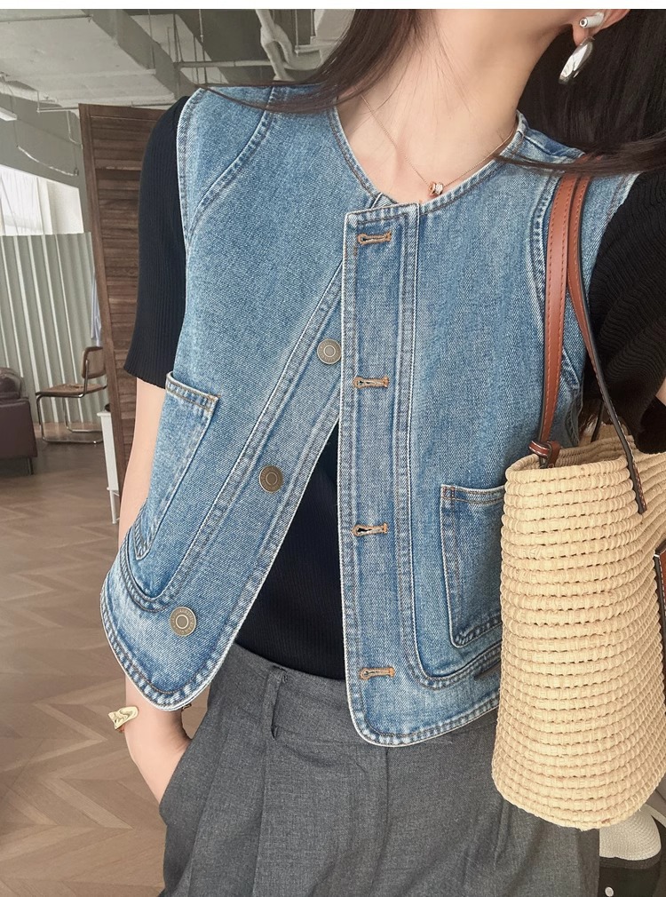 Áo vest denim nữ ngắn tay rộng rãi phong cách thời trang xuân hè — Xanh denim chi tiết 9
