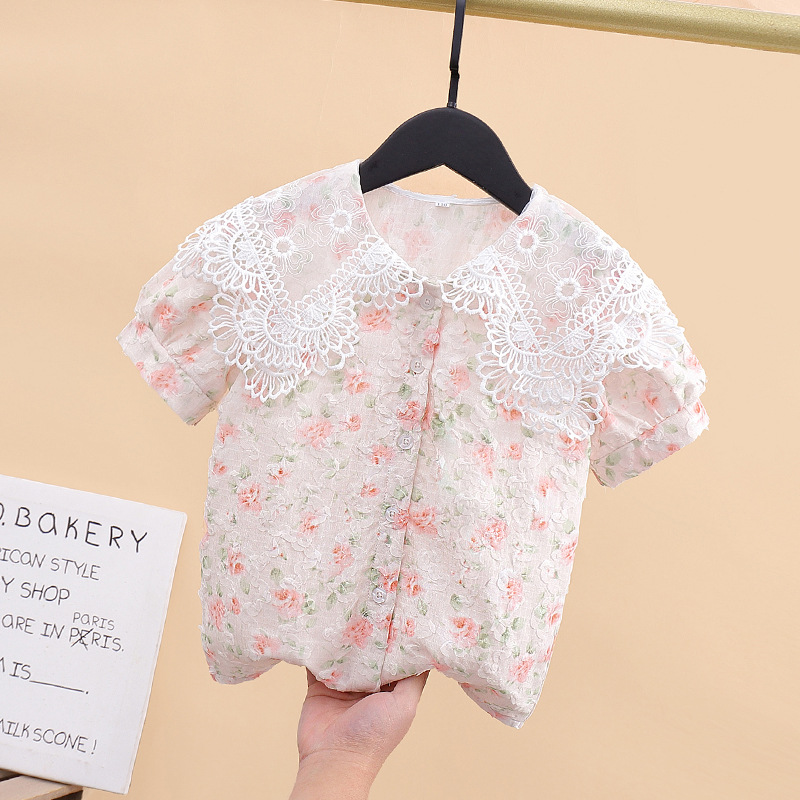 New summer style floral print blouse for girls, Korean style chiffon short-sleeved top with collar.