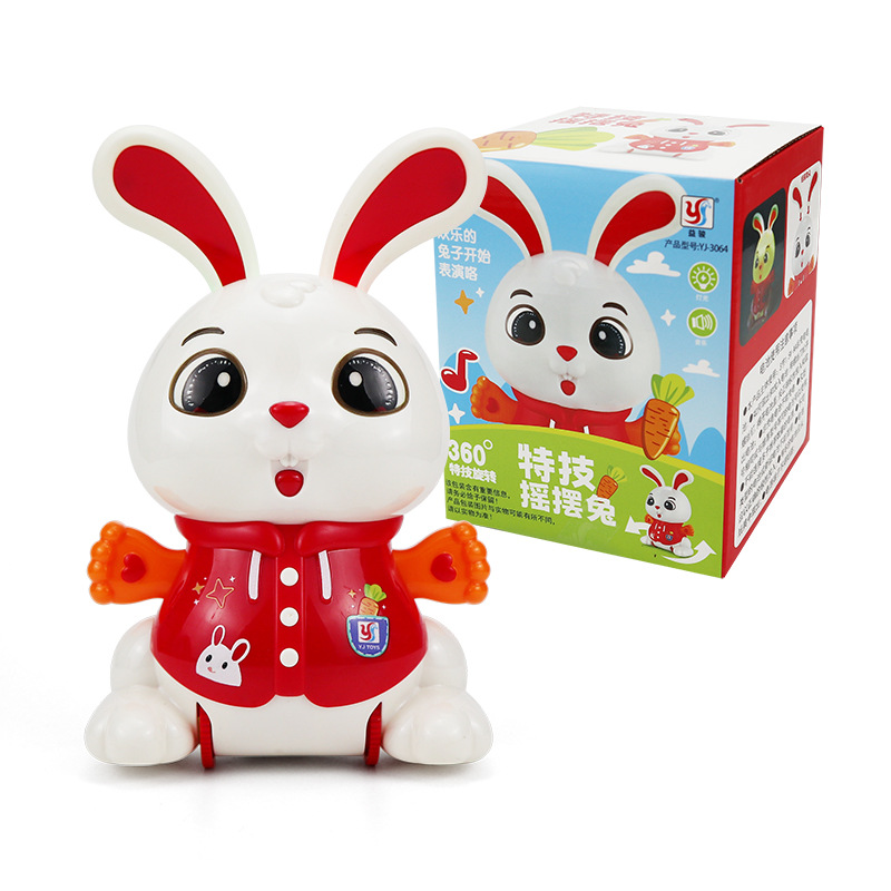 Nuevos productos transfronterizos acrobacias eléctricas swing conejo luz música 360 ° giratoria juguetes de baile regalo de cumpleaños para bebés