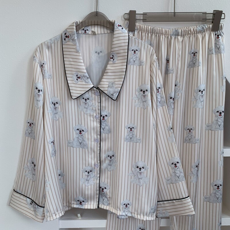 [adorable white] autumn and winter new silk pajamas long sleeve trousers cartoon striped puppy home clothes age reduction