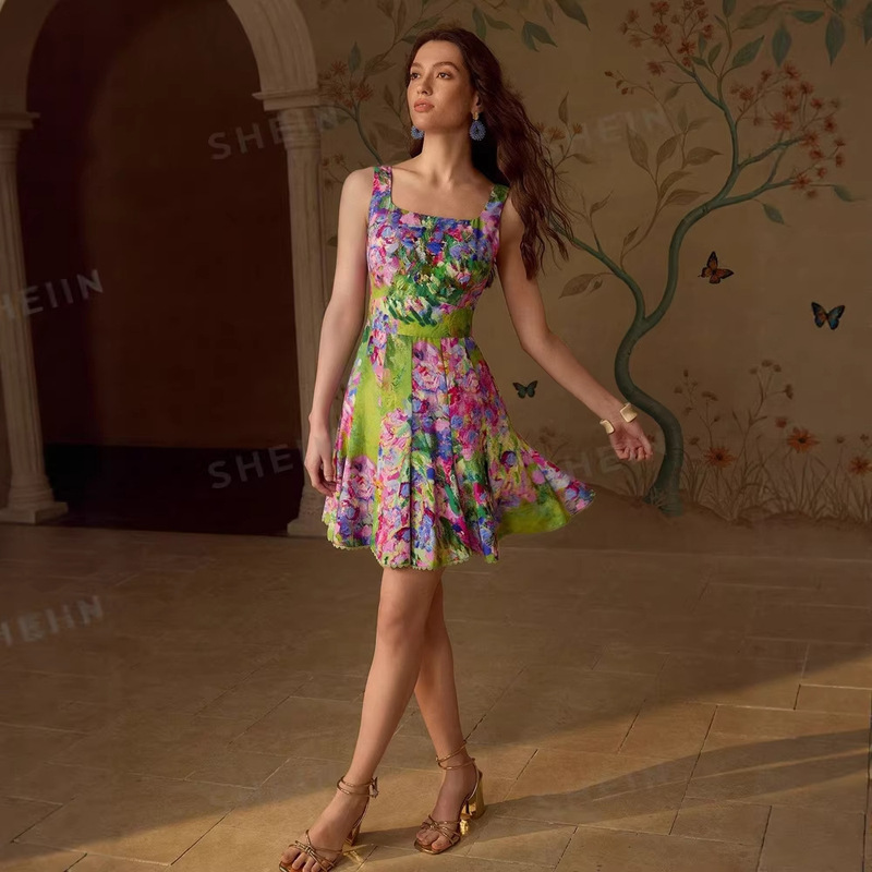 Cross-Border European and American New Style One-Shoulder Casual Printed Women's Dress Ins Party Fashion Zipper Dress Cross-Border European and American New Style One-Shoulder Casual Printed Women's Dress Ins Party Fashion Zipper Dress