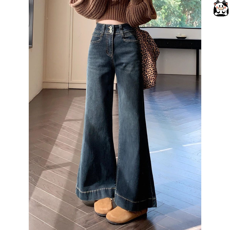 Hong Kong-Style Retro Wide-Leg Jeans for Petite Women, Loose and Slimming, Niche Versatile Flared Drape Floor-Length Pants