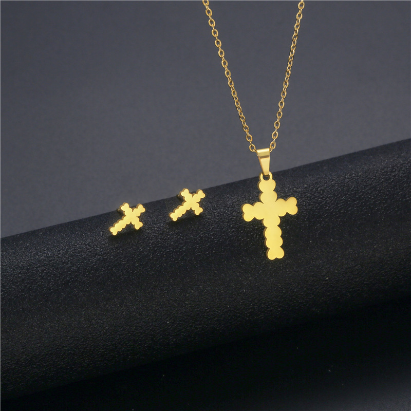 fashion simple stainless steel cross necklace earrings set