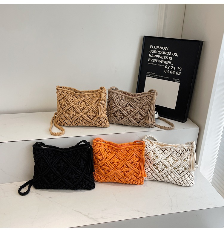 177g Weight Polyester Cotton Lining Material Weave, Hollow Fashion Element Zipper Closure Type Single Shoulder Strap Strap Type Shoulder Bag Bags Type Casual Occasion cotton rope Material Solid Color Pattern All Seasons Season Women's Gender Vacation Style Square Shape Women's Cotton Rope Solid Color Vacation Weave Hollow Square Zipper Shoulder Bag 6