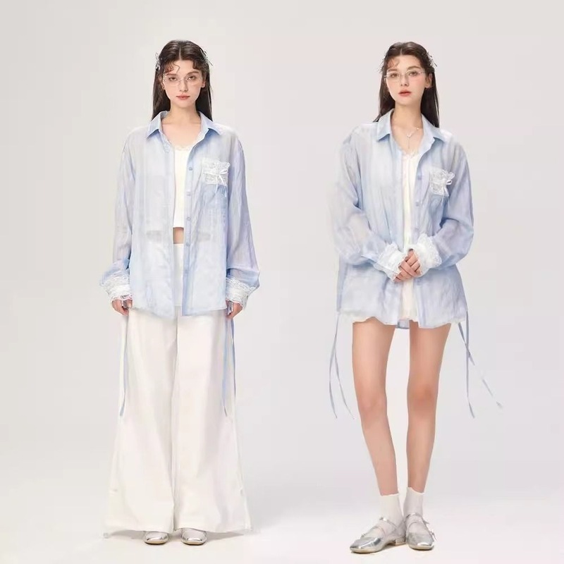 韩系设计感蕾丝拼接衬衫外套女夏季薄款宽松休闲防晒衬衣外搭上衣|undefined