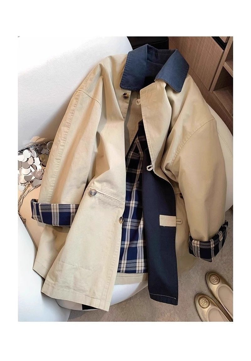 Classic Women's Plaid Trench Coat With Turn-down Collar Versatile_voghion.com