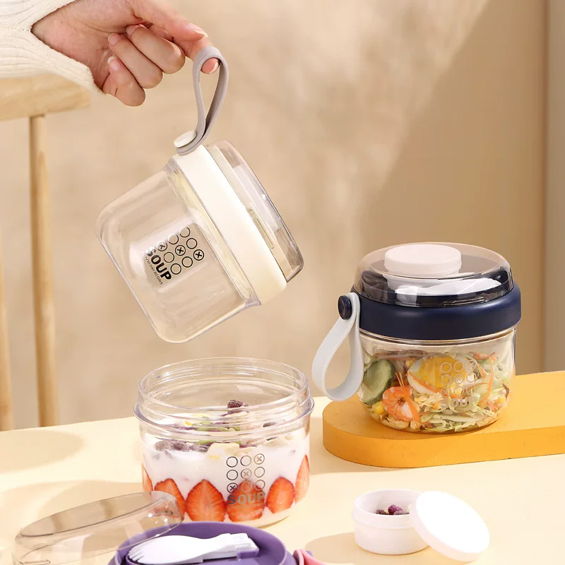 Salad cup oatmeal cup portable student breakfast cup sealed leakproof milk cup with lid spoon high-value soft glue carry handle
