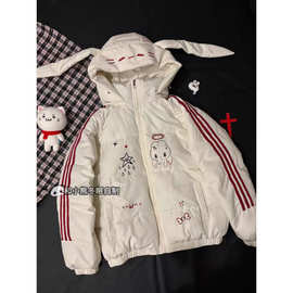 冬季新款萌卡兔耳朵连帽棉服女条纹三条杠面包服百搭保暖外套