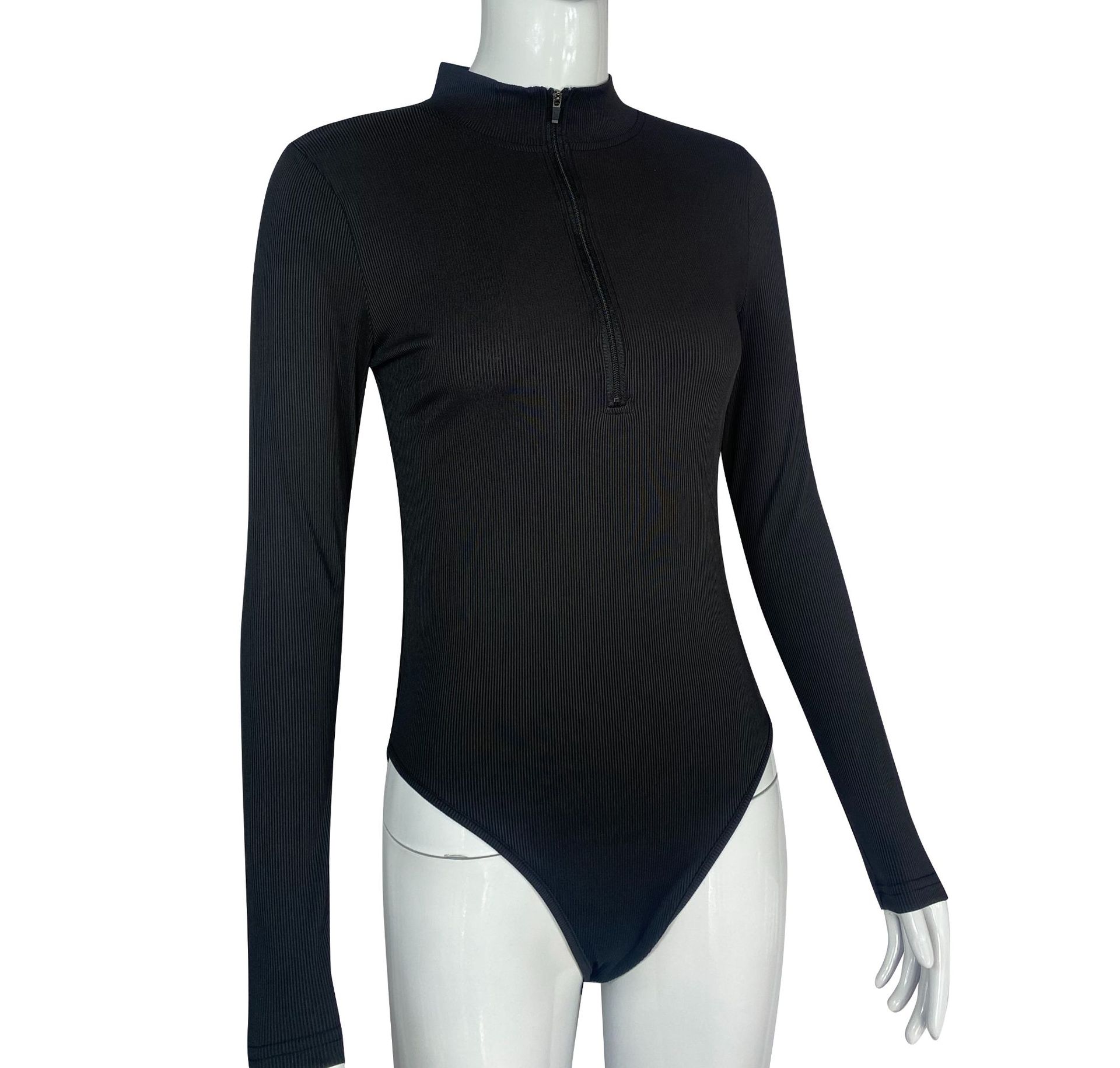Ribbed Long Sleeve Bodysuit With Front Zipper - Stretchy Soft Fabric For Women, Seamless Layering Top, Comfortable Casual And Night Out Jumpsuit_ecoleips.com
