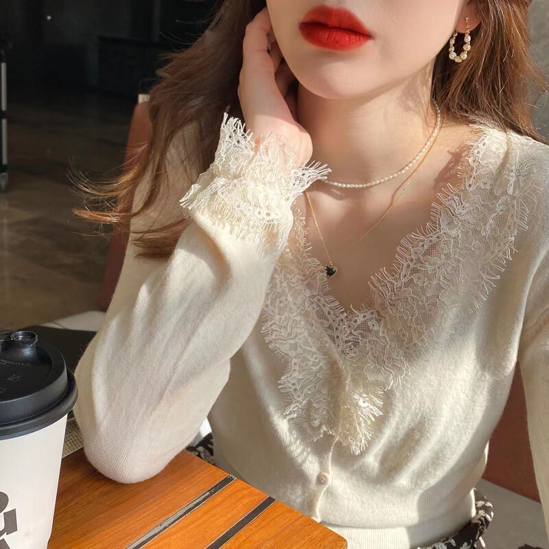 Gentle and Sweet Style, Ultra-Soft Spring Women's New Tops, Patchwork Knit Sweater, V-Neck Milky White Lace Base Shirt