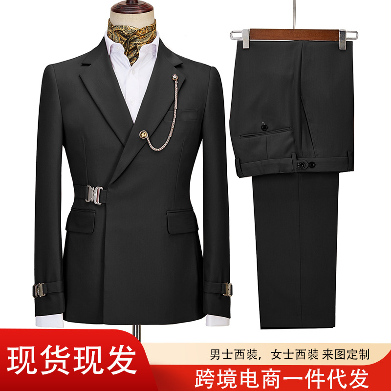Traje de dos piezas para hombre, comercio exterior transfronterizo europeo y americano, venta caliente, vestido de hombre, traje, hebilla diagonal, hebilla de metal