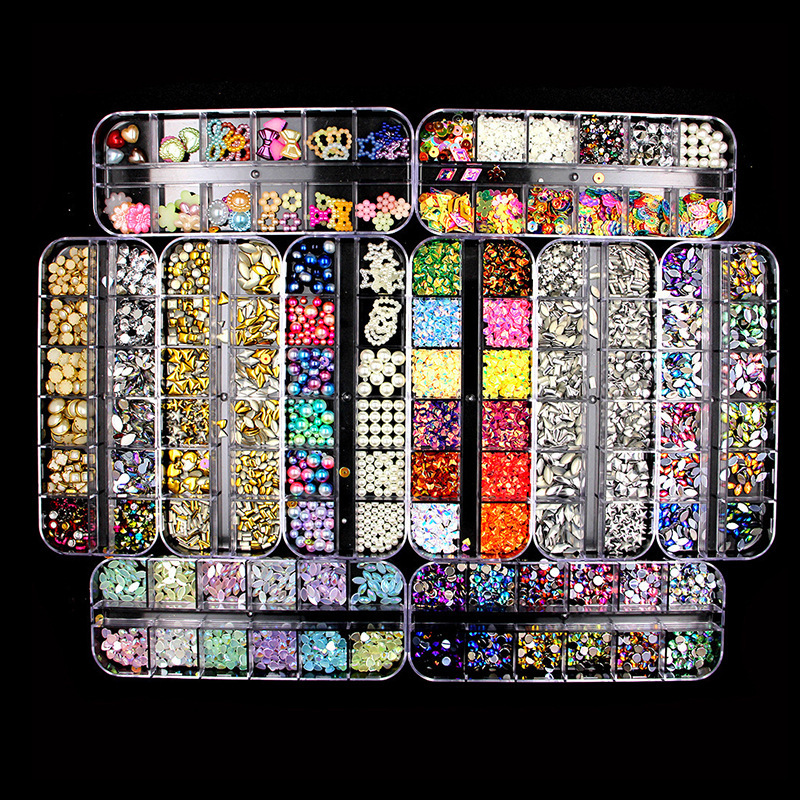 Nail Art Rhinestones, Mermaid Pearls, Punk Rivets, Marquise Sequins, 12-Grids Rectangular Box Mixed Shells