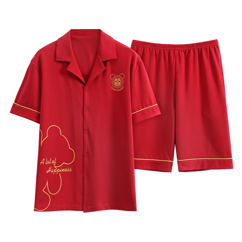 Pijamas de verano Algodón puro noble cardigan manga corta boda festiva rojo brillante desgaste hogar nacimiento año primavera y otoño traje