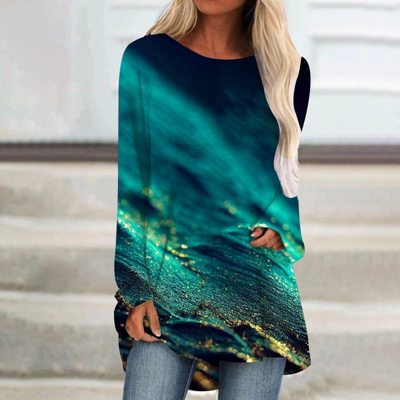 AliExpress Amazon весна и осень 3D цифровая печать женское платье с круглым вырезом на AliExpress на Amazon весна и осень с длинным рукавом свободного типа