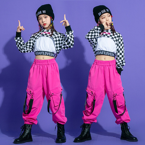 Plaid with hot pink hiphop rapper Street dance costumes for girls children's tide drum model show gogo dancers performance clothes 