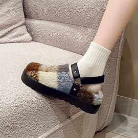 格子高颜值加绒勃肯鞋新品棉鞋毛毛拖新品拖鞋半拖厚底保暖女鞋子