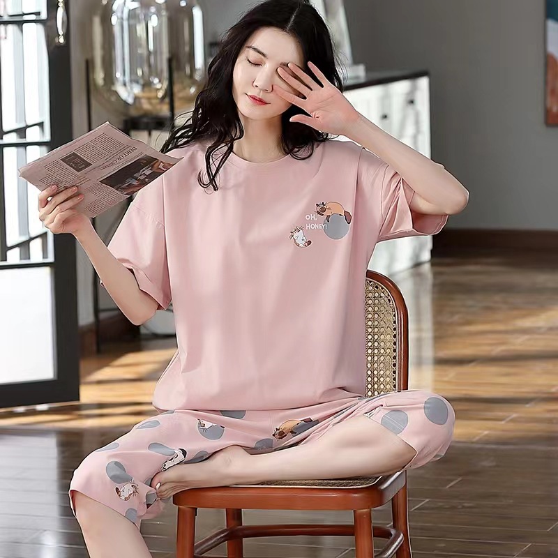 Summer Pajamas Women's Short-sleeved Cropped Pants Home Clothes Suit Teenagers Cartoon Loose Casual Home Clothes Spring and Autumn