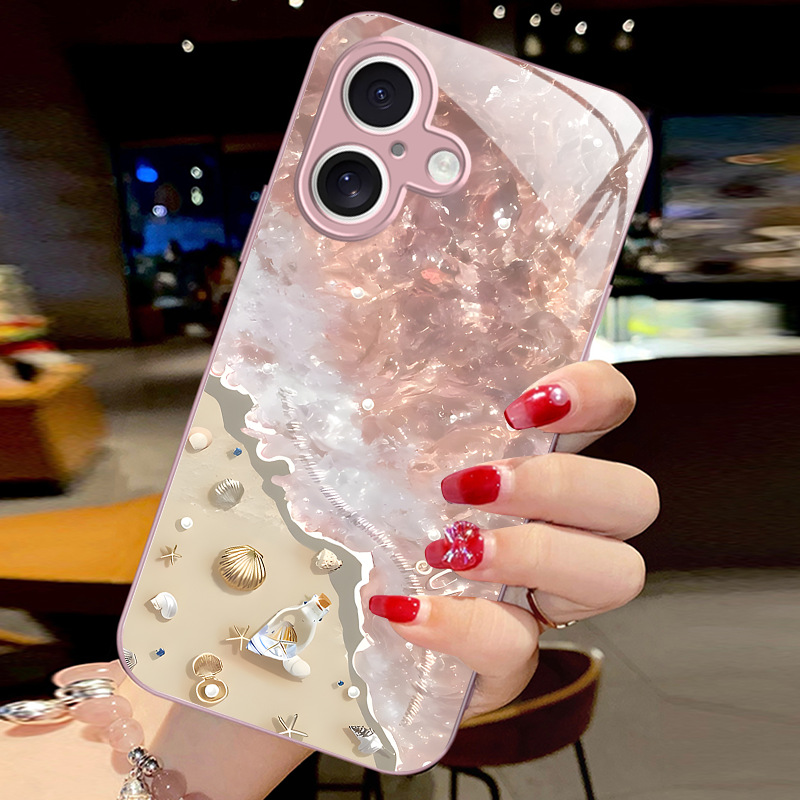 Suitable for Apple 16Plus Mobile Phone Case 15 Beach Waves 14 Shells 13 Metal Paint 12 Summer 11 Flower-Shaped Lanyard