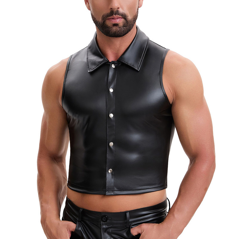 Cross-Border European and American Men's Matte Leather Vest with Lapel Collar, Single-Breasted Sleeveless Top, Punk Street Casual Style
