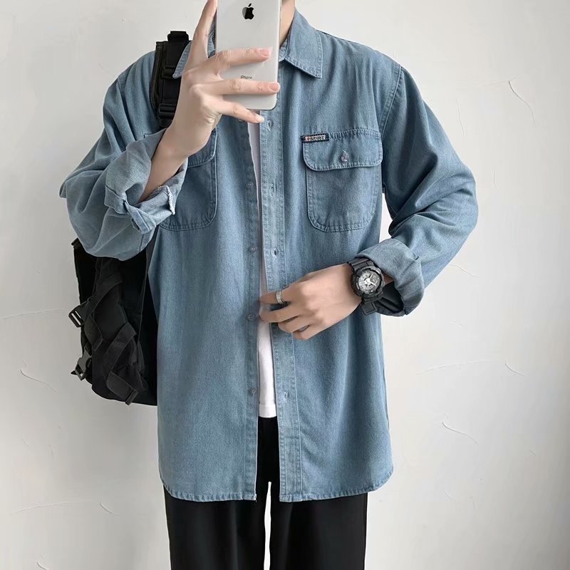 Camisa de mezclilla de primavera y otoño de los hombres camisa de manga larga estilo coreano de moda guapo camisa casual de los hombres delgada capa a juego