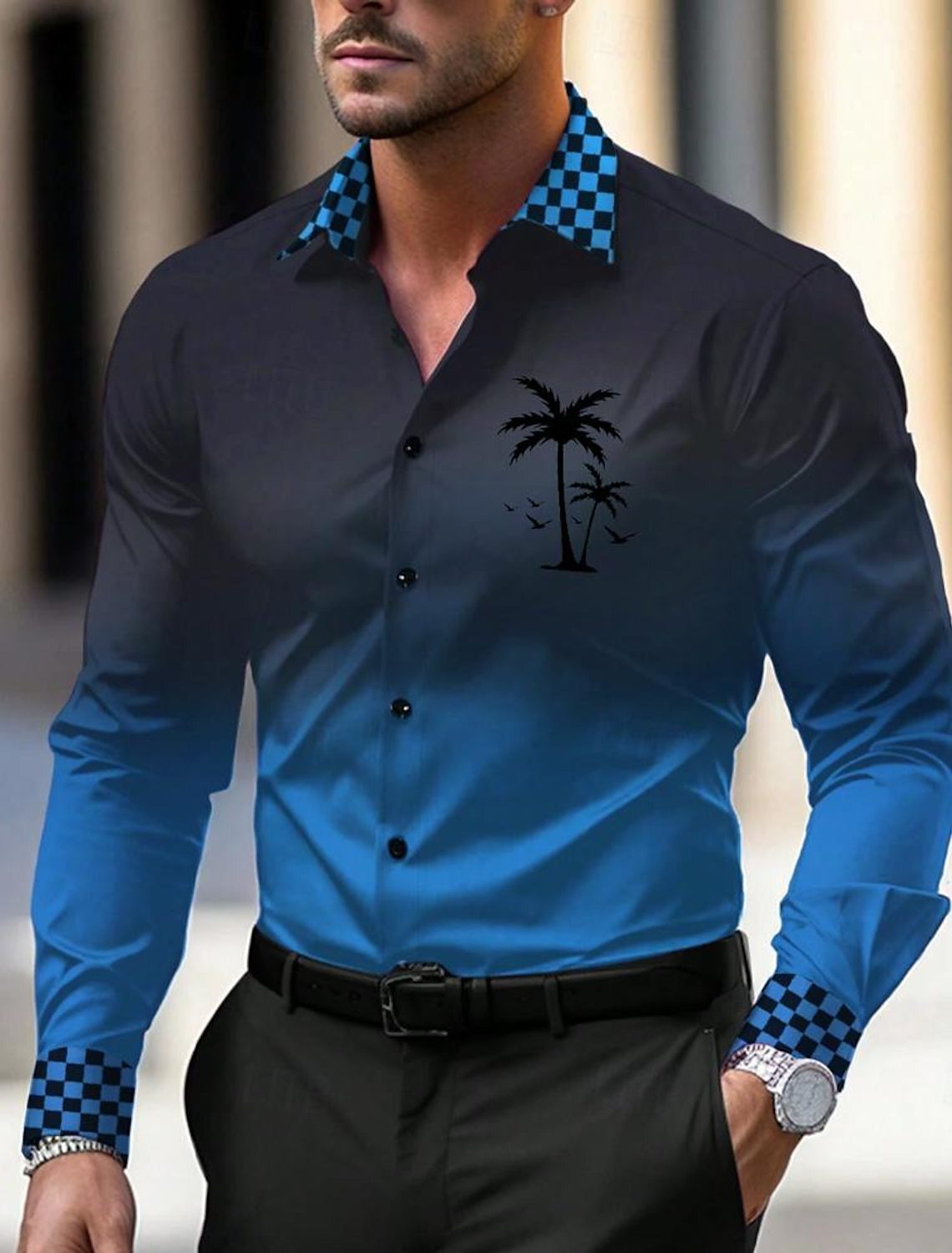 2024 nuevo estilo Amazon transfronterizo europeo y americano casual salvaje moda geométrica camisa de manga larga para hombres MB12