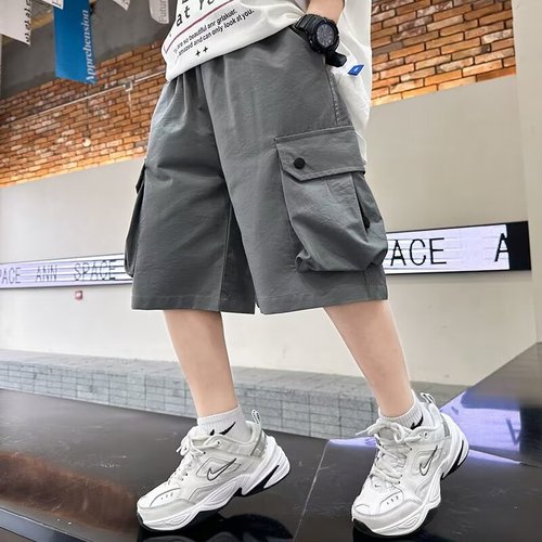 Boys' 5-pocket shorts summer thin model middle and large children summer work style pants street style boys summer casual pants