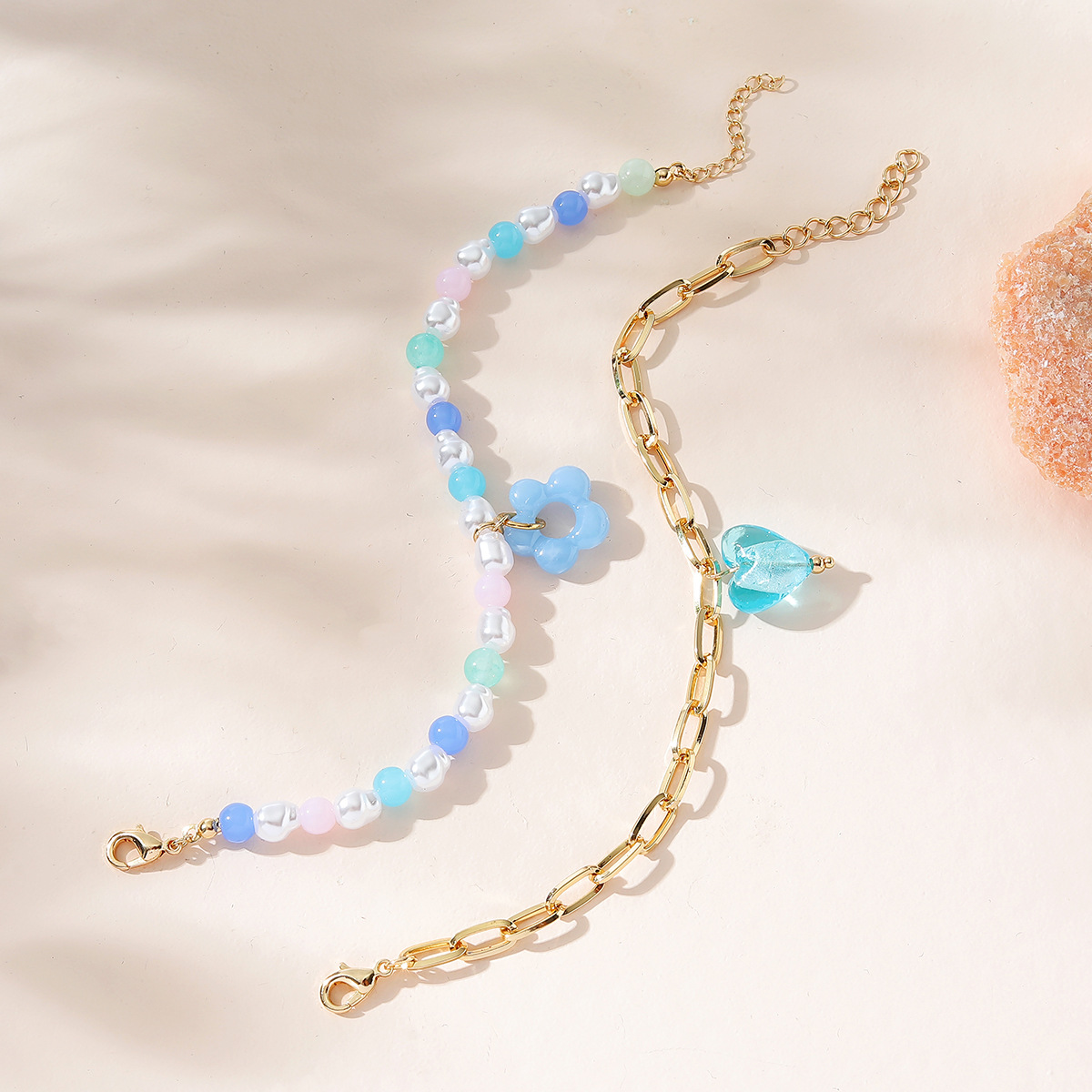 Fashion Jewelry 2 Imitation Pearl Beaded Flower Glaze Heart Shaped Pendant Bracelet Setpicture2