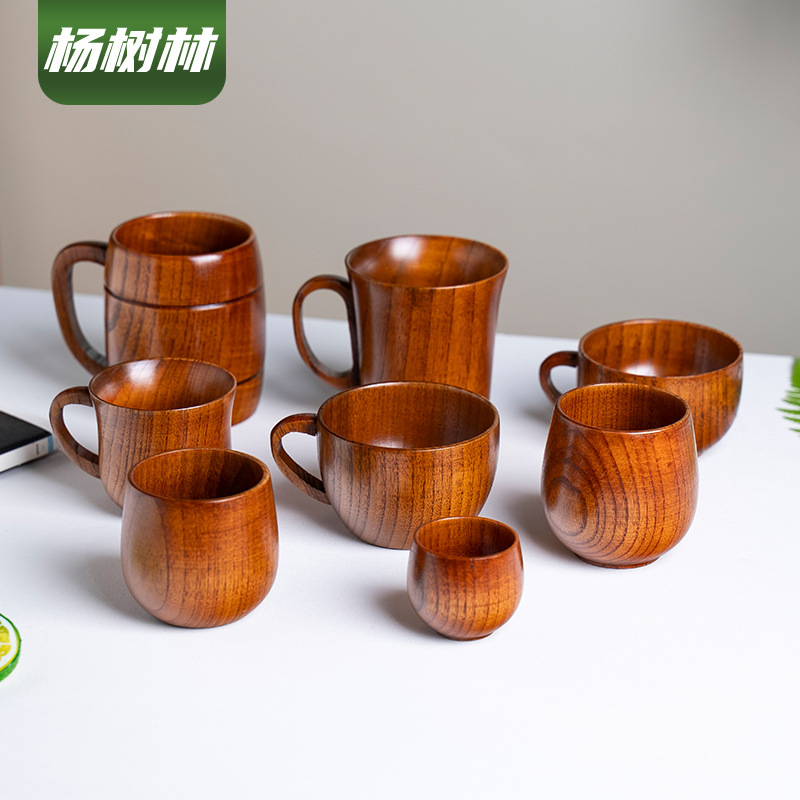 實木水杯家用馬克杯簡約牛奶杯手柄復古咖啡杯早餐茶水杯