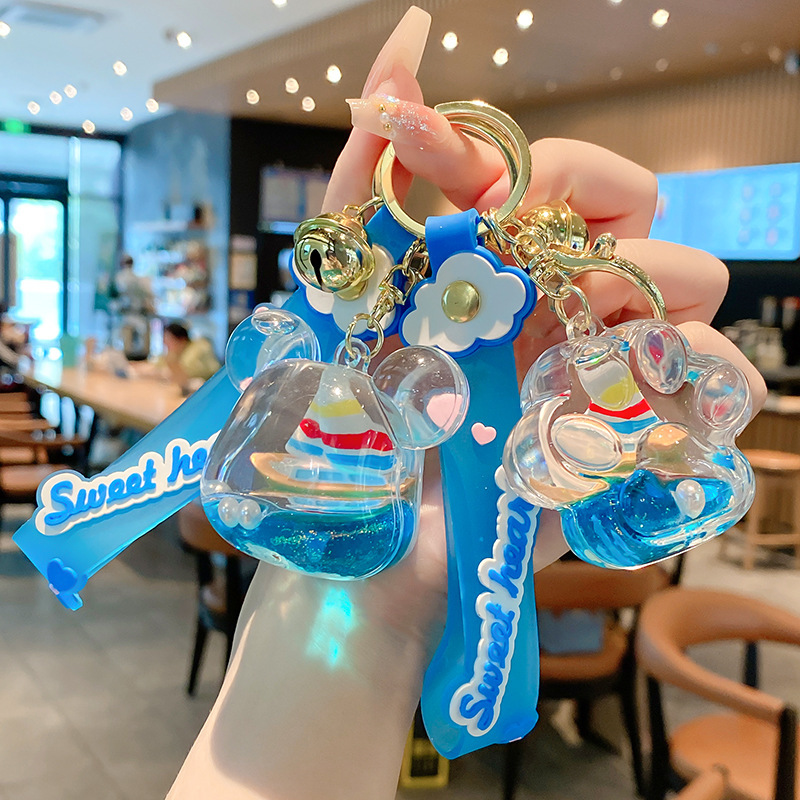 Cute creative ocean sailboat liquid quicksand floating key chain blue bag ornaments creative friends small gift